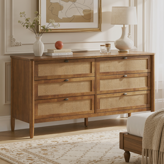 Sunvega 6-Drawer Dresser with Rattan Fronts and Solid Wood Frame in Walnut