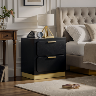 Sunvega Modern Black Nightstand with Two Drawers and Gold Accents
