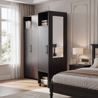 Sunvega Freestanding Wardrobe with Mirror, Shelves, Hanging Rod and Casters for Bedroom