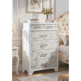 Sunvega Modern White Chest with Marble Accent Drawers and Silver Handles for Bedroom