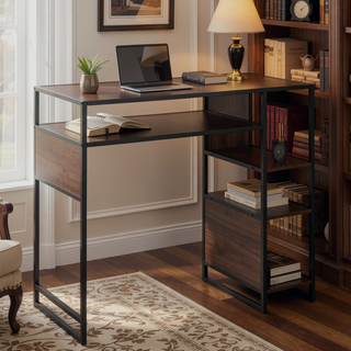 Sunvega Display Farmhouse Bar Height Table with Storage in Black Metal and Walnut Wood