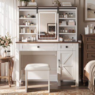 Sunvega Farmhouse Vanity Desk with Sliding LED Mirror Lights and Hairdryer Holder