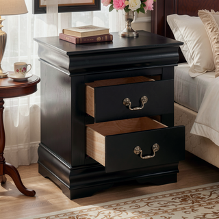 Sunvega Classic Traditional Black Finish 2-Drawers Nightstand with Metal Handle