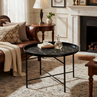 Sunvega 24 Inch Round Coffee Table with Hammered Tray Top and Metal Frame for Living Room