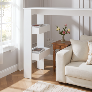 Sunvega White Bar Table with Three Open Side Shelves for Convenient Storage