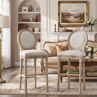 Sunvega French Style Solid Wood Frame Linen Fabric Oval Back Dining Chairs Set of 2