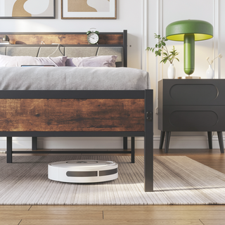 Sunvega Full Size Bed Frame with Storage Headboard and Charging Station Outlets