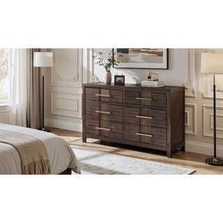 Sunvega Modern Walnut 6-Drawer Dresser with Gold Handles for Bedroom Storage