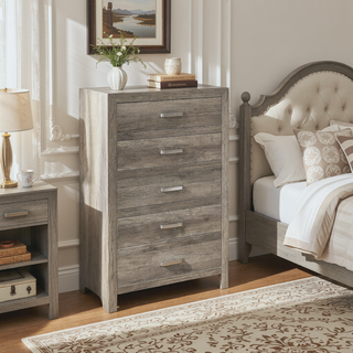 Sunvega Weathered Gray Finish 6 Drawer Dresser Faux Wood Veneer Bedroom Furniture