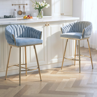 Sunvega Lambswool Fabric Counter Height Bar Stools Set of 2 with Wave Back
