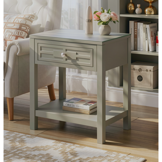 Sunvega Taupe Wooden End Table with Glass Top and Drawer Nightstand