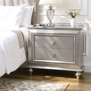 Sunvega Champagne Finish Nightstand with Crystal Accents and Felt-Lined Drawers