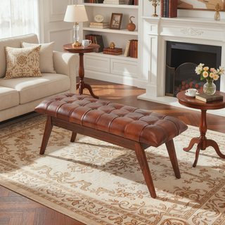Sunvega Mid Century Modern Leather Bench with Solid Wood Frame and Tapered Legs for Living Room