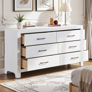 Sunvega 59 Inch Wide Dresser with Six Dovetail Drawers and Black Nickel Handles