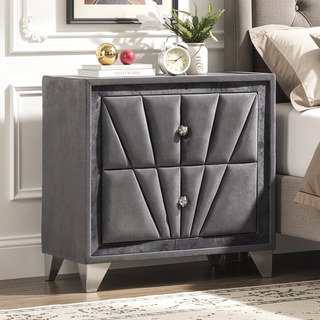 Sunvega Transitional Gray Fabric Upholstered Nightstand with Chrome Legs and Glass Top