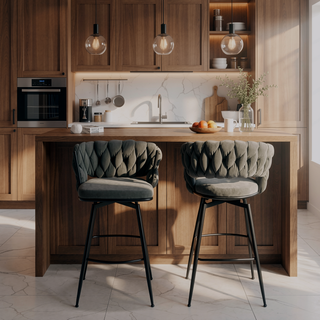 Sunvega Technical Leather Woven Bar Stool Set of 2 with 360 Swivel and Backrest