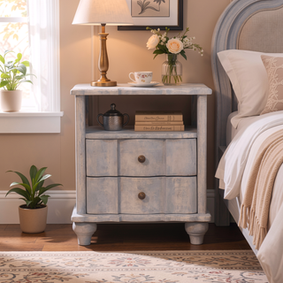 Sunvega Solid Mango Wood Bedside Table with 2 Drawers and Shelf