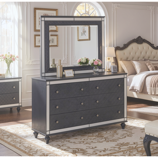 Sunvega Traditional Six-Drawer Dresser with Mirror Accents and Gray Finish