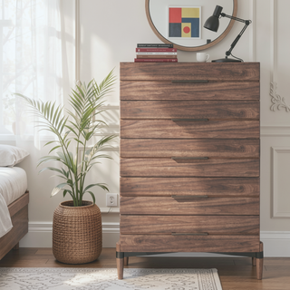 Sunvega Walnut Finish Five Drawer Chest with Antique Bronze Hardware and Metal X Base