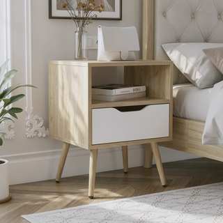 Sunvega Modern Natural Oak and White Nightstand with Drawer and Shelf