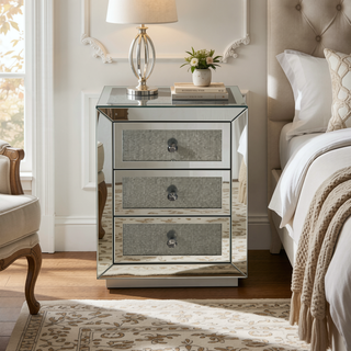 Sunvega Glam Style Nightstand with Three Mirrored Drawers and Faux Diamonds