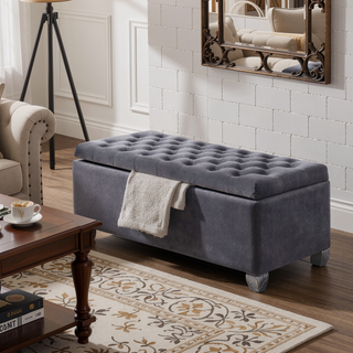 Sunvega Grey Velvet Upholstered Tufted Lift Top Storage Bench with Wooden Legs