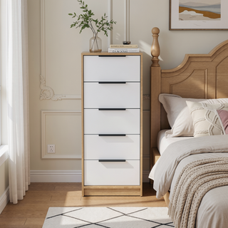 Sunvega Maryland White Pine Finish 5 Drawer Dresser with Metal Handles