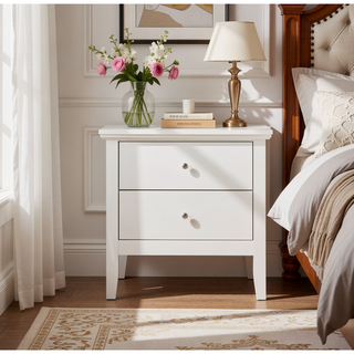 Sunvega Elegant White Transitional Nightstand with Two Drawers for Bedroom