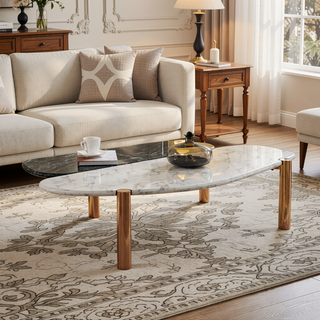 Sunvega Modern Faux Marble Coffee Table with Gold Metal Foot for Living Room