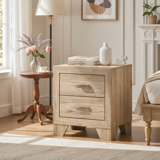Sunvega Natural Finish Nightstand with Two Spacious Drawers and Tapered Legs