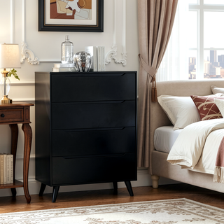 Sunvega Mid-Century Modern Black Chest with 4 Recessed Handle Drawers and Tapered Legs