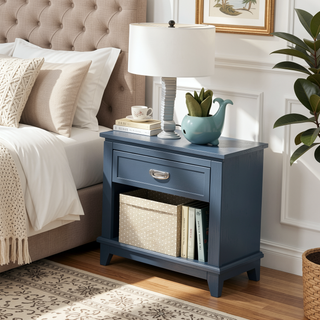 Sunvega Navy Blue Finish Nightstand with Storage Drawer and Lower Shelf