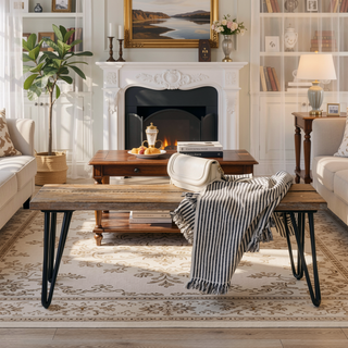 Sunvega Industrial Wood Dining Bench with Rustic Dark Pine Finish and Hairpin Legs