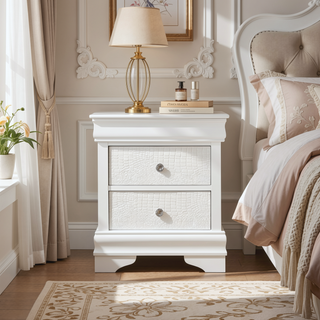 Sunvega White Finish Wooden Nightstand with Faux Alligator Embossed Drawer Fronts