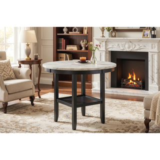 Sunvega Light Gray Transitional Bar Table with Marble Top and Storage Shelf