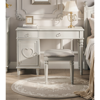 Sunvega Silver Color Rubber Wood Vanity Set with Stool and Open Up Mirror Storage