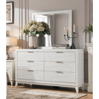 Sunvega Antique White Finish Oak Veneer Dresser with 6 Dovetail Storage Drawers