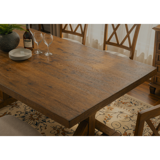 Sunvega Modern Farmhouse Wood Trestle Dining Table in Brushed Driftwood Finish