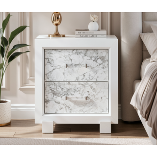 Sunvega Marble Style White Nightstand with Spacious Drawers and Knob Hardware