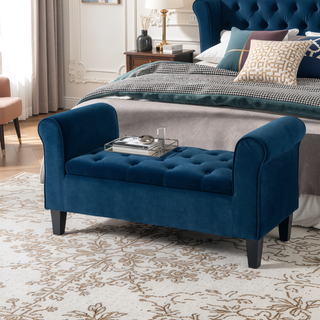 Sunvega Button-Tufted Velvet Ottoman Bench with Rolled Armrests and Storage for Living Room