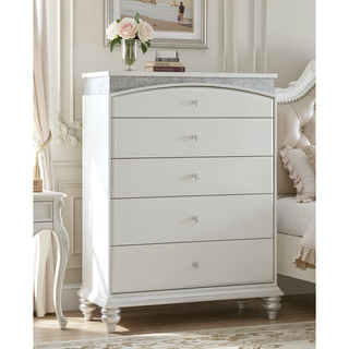 Sunvega Platinum Finish Chest with Five Spacious Drawers and Rhinestone Inlays