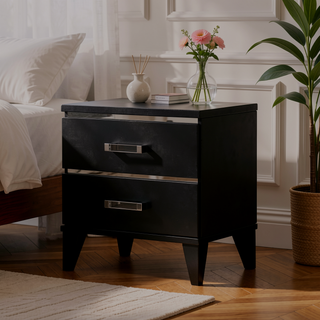 Sunvega Contemporary Black Finish Nightstand with 2 Storage Drawers and Wooden Legs