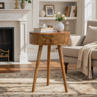 Sunvega Oak Circular Shaped Bedside Table with One Drawer for Home Decor