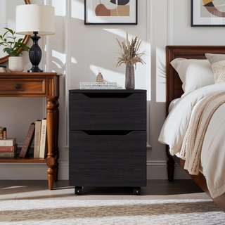 Sunvega Black Wood Modern Two-Drawer Rolling Mobile Nightstand for Bedroom