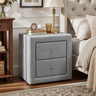 Sunvega Upholstered Nightstand with Two Drawers in Grey Linen Look Fabric