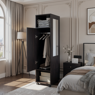 Sunvega Black Bedroom Wardrobe Boston with Spacious Shelves and Integrated Mirror