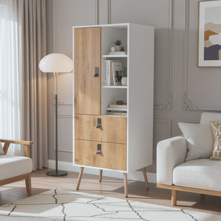 Sunvega White and Macadamia Tall Dresser with Two Drawers and Side Shelves