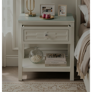 Sunvega Taupe Wooden End Table with Glass Top and Drawer Nightstand