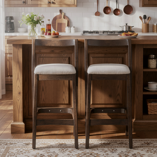 Sunvega Dark Brown Rubberwood Barstool with Beige Upholstery and Thick Cushioned Seat Set of 2