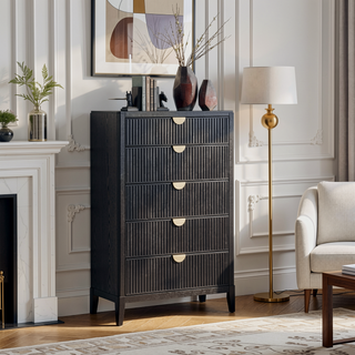 Sunvega Contemporary Black Wood Chest with Five Fluted Drawers and Golden Handles